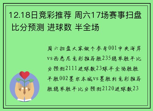 12.18日竞彩推荐 周六17场赛事扫盘 比分预测 进球数 半全场
