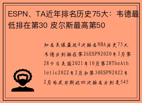 ESPN、TA近年排名历史75大：韦德最低排在第30 皮尔斯最高第50